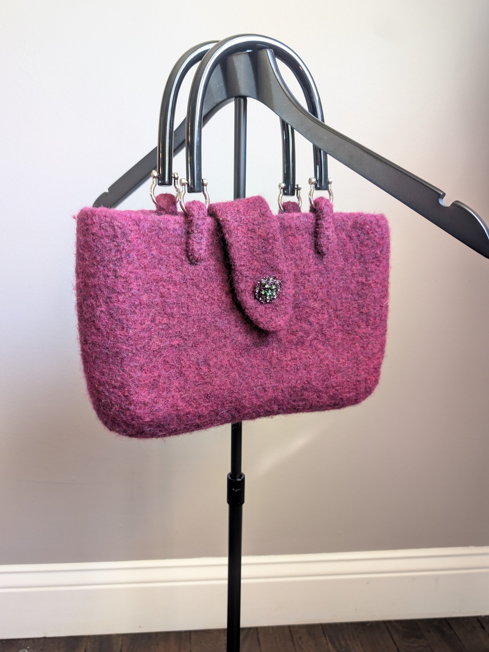 Felt Hand Bag in Heathered Raspberry with Decorative Floral Closure